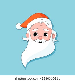 Santa Claus Christmas cartoon character. Grandfather face icon, Cute Christmas mascot, Vintage Santa head. Cartoon senior man on red hat.