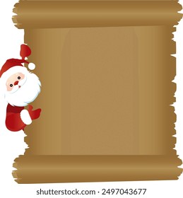 Santa Claus Christmas cartoon character peeking around a scroll sign background and pointing at copy space vector. Vector Cartoon Illustration. Santa Claus, Christmas, list, message.