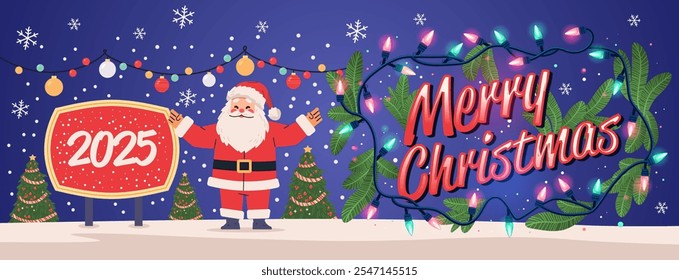 Santa Claus Christmas celebration festive scene snowy background Christmas trees colorful lights night sky holiday theme website banner