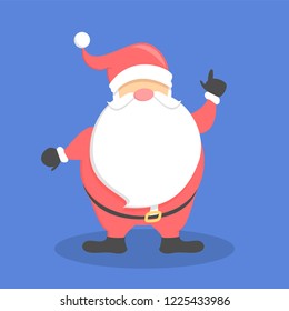 Santa Claus christmas character. Cute cartoon cheerful man in red have fun and pointing up. Design for vector greeting card.
