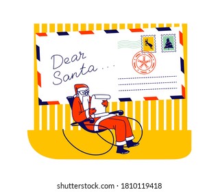 Santa Claus Christmas Character in Red Festive Costume and Hat Sitting in Rocking Chair Reading Letters from Children front of Huge Envelope with Xmas Postage Stamps. Linear Vector Illustration