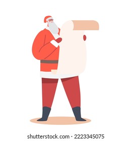 Santa Claus Christmas Character in Red Festive Costume and Hat Read Letter or Gift List from Children Isolated on White Background. Noel with with Xmas Presents Checklist. Cartoon Vector Illustration