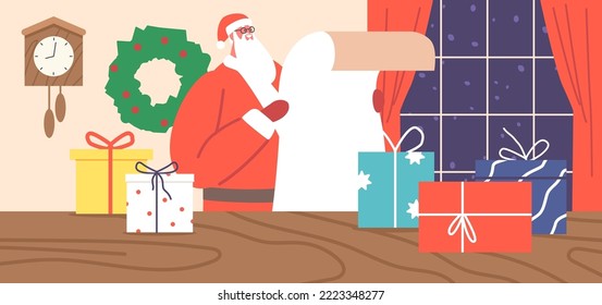 Santa Claus Christmas Character in Red Festive Costume and Hat Reading Letter or Gift List from Children front of Wooden Desk in his Office with Xmas Presents. Cartoon Vector Illustration