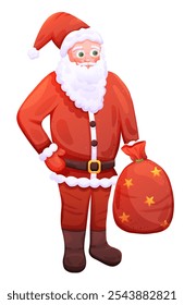 Santa Claus Christmas character in red suit with package. Vector holiday illustration on transparent background