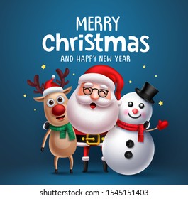 Santa claus christmas character vector greeting card concept. Merry christmas greeting text with santa claus, snowman and reindeer standing and talking  in blue background. Vector illustration.