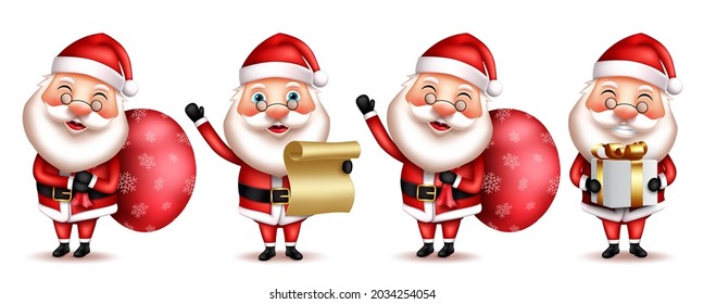 Santa claus christmas character vector set. Santa claus 3d christmas characters in happy, friendly and jolly expression with gift and letter elements for xmas season collection. Vector illustration.
