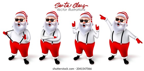 Juego de vectores de caracteres de navidad de Santa claus. Los personajes Santa claus 3d en fresco y alegre pose con gestos de rock n roll y baile para el diseño de la colección de navidades adorables. Ilustración vectorial.
