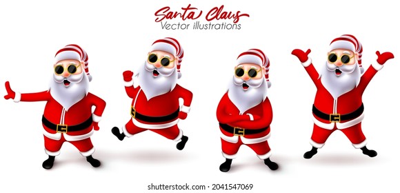 Juego de vectores de caracteres de navidad de Santa claus. Santa claus 3d personajes con gafas de sol en correr, saltar, alegre y alegre pose y gestos para el diseño de Navidad. Ilustración vectorial.
