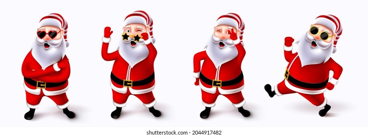 Santa claus christmas character vector set. Cute and jolly santa claus 3d characters in standing, running and waving pose and gestures with sunglasses for xmas collection design. Vector illustration.
