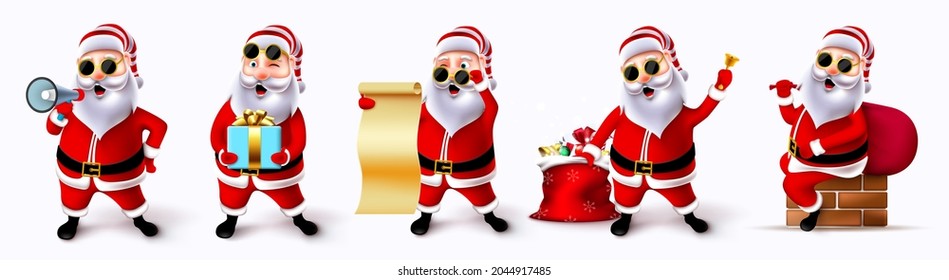 Santa claus christmas character vector set. Cool and jolly santa claus 3d characters with sunglasses in standing, reading and holding pose and gesture for xmas design. Vector illustration.
