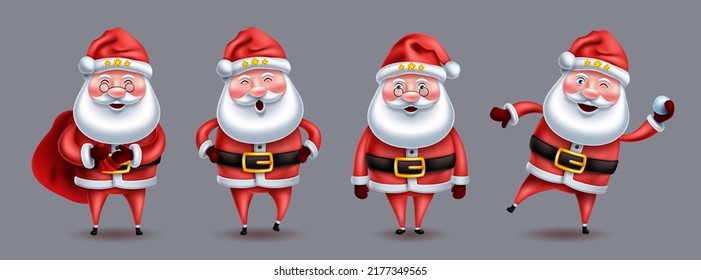 Weihnachtsmann-Weihnachtsfigur, Vektorset. Weihnachtsmann 3d-Personen-Figuren stehen, halten Sack und Schneeball für Weihnachtsferien-Design. Vektorgrafik.
