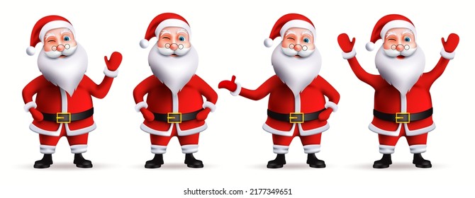 Santa claus christmas character vector set. Santa claus in 3d realistic characters with waving and friendly gestures in smiling facial expression for xmas collection design. Vector illustration.
