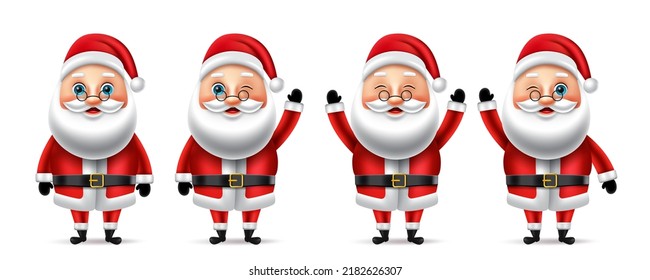 Juego de vectores de caracteres de navidad de Santa claus. Santa claus 3d caracteres en pie y ondeando pose y gestos con expresiones faciales amigables para el diseño de colección de navidades. Ilustración vectorial.
