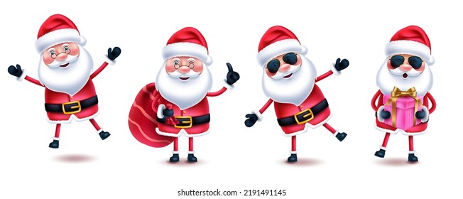 Juego de vectores de caracteres de navidad de Santa claus. Colección de personajes de Santa claus en 3d linda pose y gestos con regalo, gafas de sol y bolsa de sacos para el diseño navideño. Ilustración vectorial.
