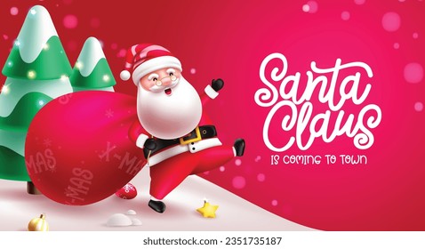 Santa claus christmas character vector design. Christmas santa claus character, mascot and costume holding gift sack in snow winter background. Vector illustration greeting card design.
