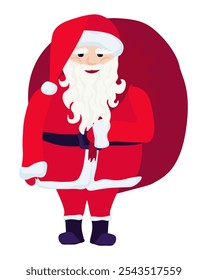 Santa Claus, Christmas character vector illustration with beard in red suit holding huge sack