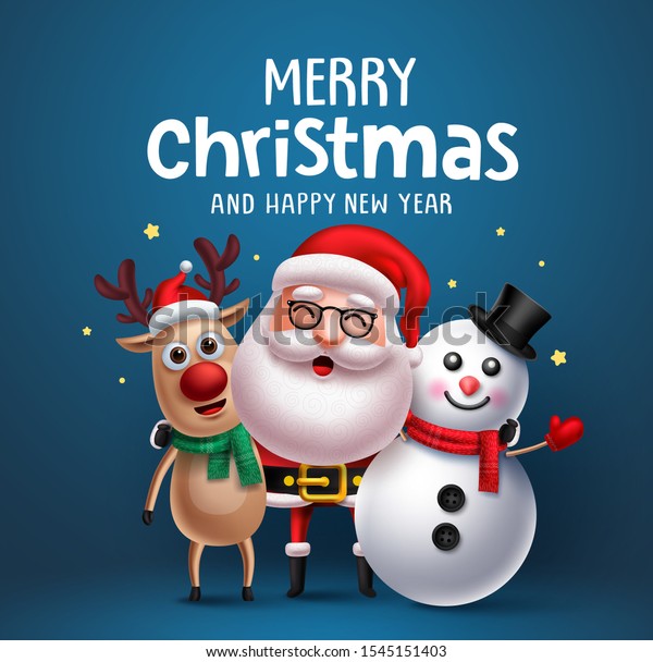サンタクロースのクリスマスキャラクターのベクター画像グリーティングカードのコンセプト 青の背景にサンタクロース 雪だるま トナカイが立って話す 陽気なクリスマスの挨拶文 ベクターイラスト のベクター画像素材 ロイヤリティフリー
