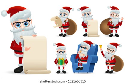 Santa claus christmas characters set with wish list. Santa claus vector character showing and holding wish list for christmas gift giving in happy face expression isolated in white background.