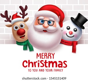 Santa claus christmas characters vector background template. Merry christmas greeting text from santa claus, reindeer and snowman character in white board with empty space for messages in white wall.