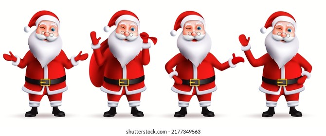 Santa claus christmas characters vector set. Santa claus in 3d realistic characters in friendly facial expression isolated in white background for xmas collection design. Vector illustration.
