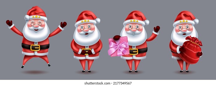 Weihnachtsmänner-Charaktere, Vektorset. Weihnachtsmann in 3-D süße Figuren mit Stehen, Springen und freudiger Pose und Geste für die Weihnachtskollektion Design. Vektorgrafik.
