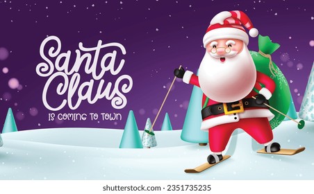 Santa claus christmas characters vector design. Christmas santa claus character with gift sack elements in skating and skiing pose winter snow background. Vector illustration greeting card design.
