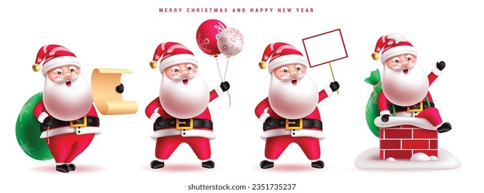 Santa claus christmas characters vector set design. Christmas santa claus character in standing, sitting in chimney, holding gift and balloons decoration elements. Vector illustration seasonal holiday