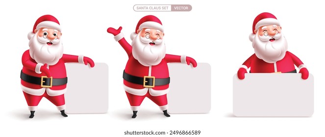 Santa claus christmas characters vector set design. Santa character holding empty white board collection in happy, smiling, funny face and waving pose. Vector illustration santa claus mascot 