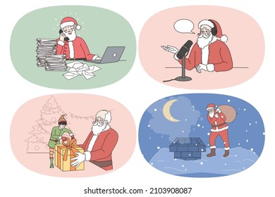 Santa Claus and Christmas concept. Set of Santa wearing traditional red costume and hat congratulating online making online presentation packing presents delivering gifts vector illustration