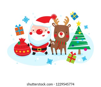 Santa Claus and Christmas Deer cartoon style illustration