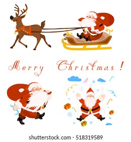 Santa Claus with Christmas deer. The sleigh and reindeer decorated with golden pattern. Santa and gifts.