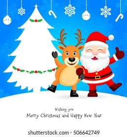 Santa Claus and Christmas Deer with white Christmas tree decoration. Illustration