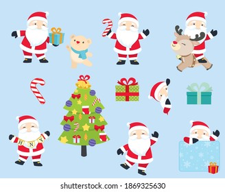 Santa Claus Christmas Design Elements Flat Cartoony Vector Illustration Christmas Tree Reindeer Design Set