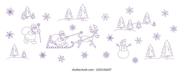 Santa Claus christmas doodle set. Santa Claus comes with gifts in a bag, Santa rides on a sleigh harnessed by a deer, Snowman, Christmas tree, snowman, christmas trees, snowflakes for your holiday's 
