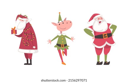 Personajes de Papá Noel y elfos de Navidad ponen ilustración vectorial de caricatura