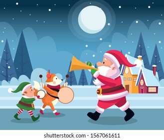 santa claus with christmas elf and cute fox playing musical instruments over snowy night background, colorful design , vector illustration