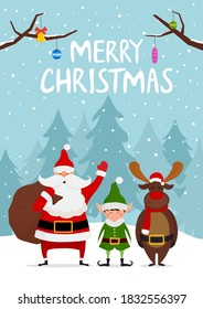 Santa Claus and Christmas elf. Cute cartoon characters. Holiday Christmas and New Year vector illustration.