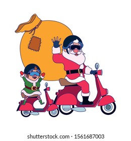 santa claus and christmas elf on a motorcycles with the bag of gifts over white background, vector illustration
