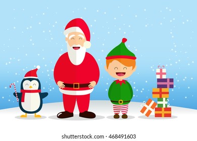 Santa Claus, Christmas Elf, Penguin and gift in flat design vector element on snow background