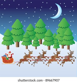 Santa Claus with christmas elf and presents in sleigh with deers riding through winter forest.