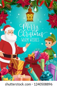 Santa Claus and Christmas elf with Xmas gifts and present boxes vector greeting card, decorated with pine tree branches, ribbon bow and snow, poinsettia, snowflakes and lantern. Winter holidays design