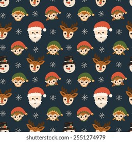 Santa Claus, Christmas elves, reindeer, and snowmen vector seamless pattern design. For gift wrap, fabric design, scrapbook, wallpaper and more.