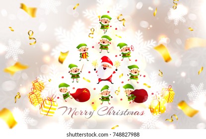 Santa Claus, Christmas Elves, Snowflakes, Christmas tree and Gifts. Blurred white silver background with golden serpentine.