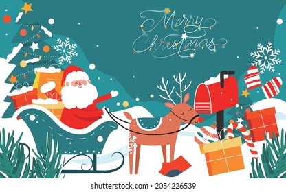 Santa Claus Christmas Eve Gifts Illustration Winter Snowy Scene Poster