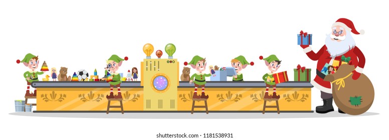 Santa Claus christmas factory. Elf team making toys for gift or present on the machinery line. Santa standing with bag. Isolated vector flat illustration