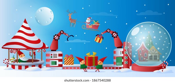 Santa Claus christmas factory. Elf team making toys for gifts or presents on machinery line. Abstract concept. Christmas event, holiday. Cartoon colorful vector illustration