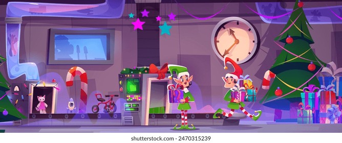 Santa Claus Christmas factory room interior with cute elf helpers, manufacturing automated conveyor belt for wrapping toys in gift boxes, decorated tree and clock on wall. Cartoon vector xmas workshop