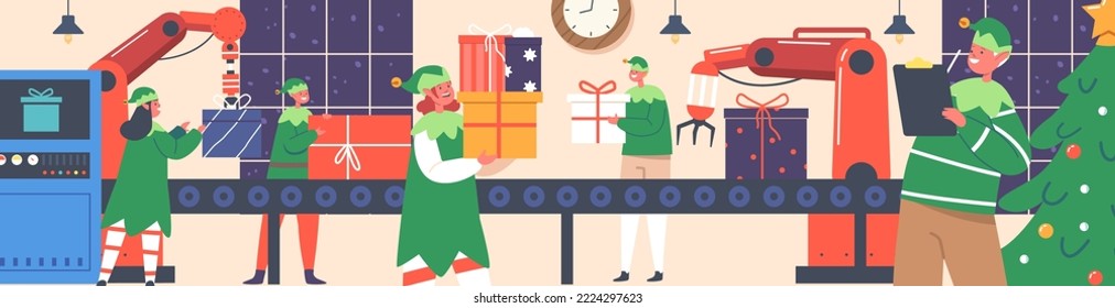 Santa Claus Christmas Factory Workflow. Elf Team Making Toys For Gift Or Present On Machinery Line, Funny Xmas Characters Working on Conveyor Belt with Robot Arms. Cartoon Vector Illustration