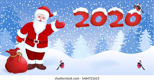 Сartoon Santa Claus with Christmas gift bag and bullfinch on his shoulder shows his hand on the inscription 2020. New Years winter landscape with forest firs.