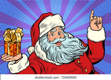 Santa Claus with Christmas gift box. New year and Christmas. Pop art retro vector illustration